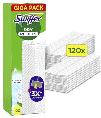 Swiffer Panni Cattura Polvere, 120 Panni Microfibra Dry e 3 Panni Lavapavimenti, Cattura Polvere e Sporco, Ottimo per Tutti i Tipi di Pavimenti e per i Peli di Animali, Maxi Formato