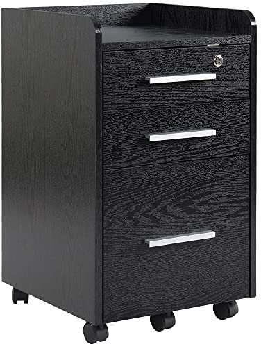 HOMCOM 3 Drawer Filing Cabinet with Lock, Rolling Under Desk Drawers with Edged Top for Letter, A4 Size, Hanging File Folders for Home Office, Black