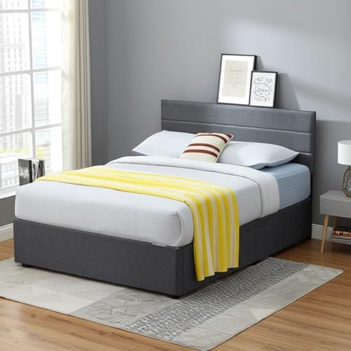 Panana Upholstered Ottoman Double (4ft6) Grey Linen Fabric Storage Bed, Gas Lift Up Bed Frame with Storage, End Opening Wooden Slats (Grey with Horizontal Headboard, Double)