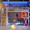 LED Hochbett 90x200 cm mit Schreibtisch, Bücherregal, Treppe und Kleiderschrank, Etagenbett mit Lattenrost, Funktionsbett Metallbett Spielbett Kinderhochbett Jugendhochbett, ohne Matratze, Weiß