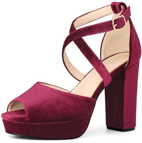Perphy Women Velvet Peep Toe Chunky Heel Block Heel Platform Sandals | Faux Upper. ABS Sole. Buckle Closure. Crisscross Straps. Lightly Padded. Elegant Pumps Sandal