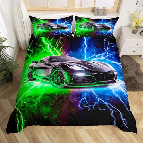 Homemissing Sportwagen Bettwäsche Set 135x200cm Rennwagen Kinder Betten Atmungsaktiv Extreme Sport Thema Bettwäsche-Set Teenager Junge Bettbezug Grün Blau