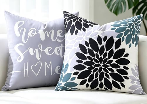 DakTou 2er Set Sofakissen Bezüge 40 x 40 cm, Kissenbezug Schwarz und Grau Blumen und Schrift, Deko Kissen Bezüge aus Weichem Kurzflor-Stoff, Boho kissenbezüge für Outdoor Garten Sofa Bank Couchkissen