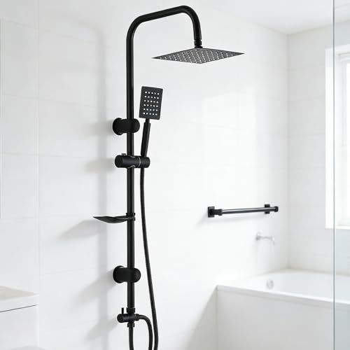 MFUSUL Colonne de Douche Acier Inoxydable avec Étagère Douche, Kit Complet Salle de Bain avec Barre de Douche INOX 92 cm Ensemble, Douchette à Main et Tuyau, Réglable, sans Mitigeur