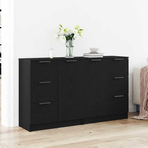 Foknhdi Buffet 180 x 30 x 70 cm, en chêne noir, salle de bain, couloir, avec 6 tiroirs, 2 portes, design moderne, pour salon, chambre à coucher, couloir