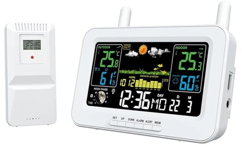 Weather Station, Digital Weather Station Clock Indoor Outdoor Weather Forecast Thermometer Hygrometer with Wireless Outdoor Sensor(Bianco)