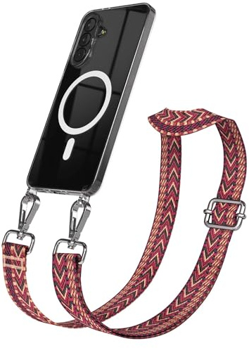 EAZY CASE Handykette - Verstellbares Taschenband kompatibel mit Galaxy A37, Schulterriemen, Handykordel mit Silikon Hülle, Qi Charging kompatibel, Umhängetasche, Rot Braun Silber
