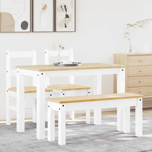 Ziaphsol 4-tlg. Essgruppe PANAMA Weiß Massivholz Kiefer Tischgruppe mit 1 Tisch, 1 Sitzbank und 2 Stühlen, für Essplatz in Küche, Esszimmer und Wohnzimmer