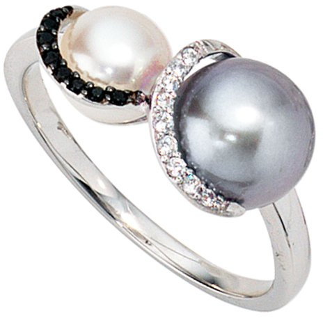 Ring Damenring Perle & 17 Diamanten Brillanten 585 Gold Weißgold Goldring, Ringgröße:Innenumfang 54mm ~ Ø17.2mm