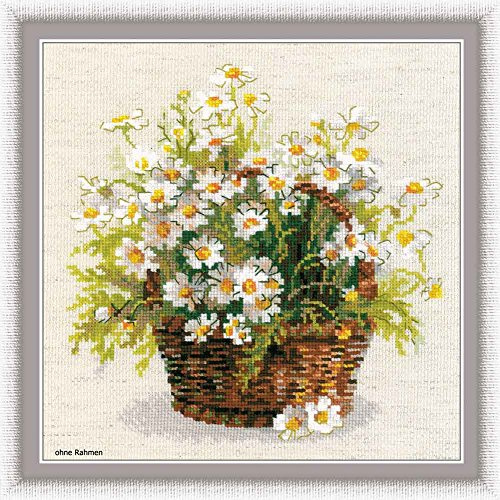 Riolis Cross Stitch Kit - 1478 - Russian Daisies | 14 ct flaxen Zweigart Aida, 25 wool/acrylic colors, intermediate level, chart & needle included, embroidery gift kit