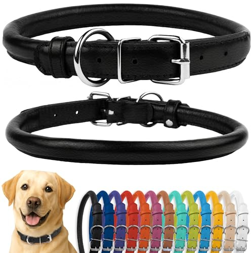 CollarDirect Rundes Leder Hundehalsband, weich gepolstert gerollt, handgefertigtes Echtleder Halsband für Hund Welpe Katze Klein Groß Schwarz Rosa Rot Lila Blau