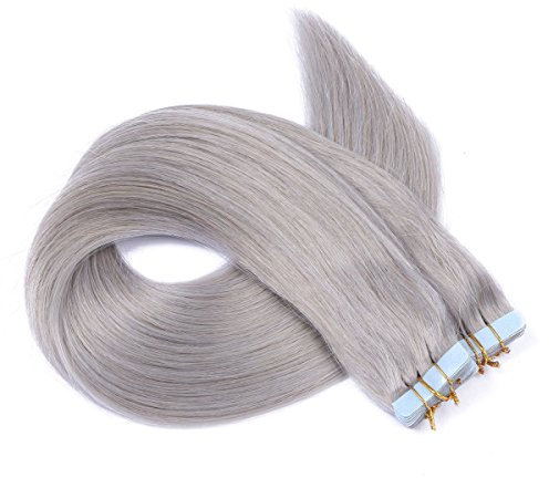 Tape In - On Hair Extensions - # SILVER - 60cm - 60 Tressen je 4cm Breit / 2,5g - 100% Remy Echthaar Haarverlängerung/Extention mit Klebeband Tressen by NOVON Hair Extentions