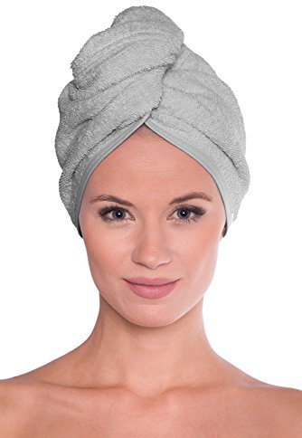 Sophie Bernard ZOE Kopfhandtuch Haar-Turban 100% Frottee für alle Damen und Haartypen. Kopftuch mit Knopf. Haartuch saugfähig und schnell trocknend. Farbe: hell grau