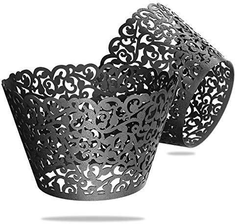 WedDecor Black Cupcake Wrappers Laser Cut Pearlescent Floral Design Muffin Wrap Cases Paper Holders for Party Decoration, Wedding, Birthday, Events, 25pcs