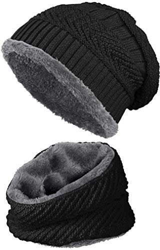 warm gefütterte Beanie + Schal mit Teddy-Fleece Fütterung mit Flechtmuster Wintermütze Einheitsgröße für Damen & Herren Mütze (4A) (Schwarz/Dunkelgrau)