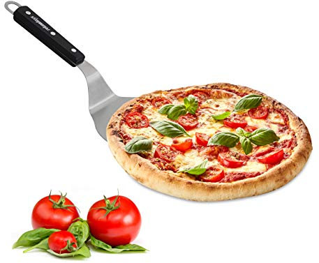 Relaxdays 4 x Pizzaschieber mit Holzgriff, rund, aufhängen, Schaufel BxT: 16,5x17,5 cm, Pizzaheber Edelstahl, Silber/schwarz