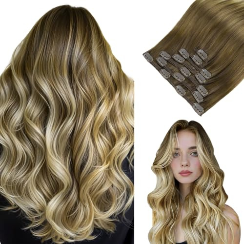 hotbanana Clip In Extensions Echthaar 35cm Haarverlängerung 120g 7 Stück | Walnussbraun bis Aschbraun und Bleichblond Unsichtbar Remy Echthaar, Doppelschuss, Leicht zu Tragen,