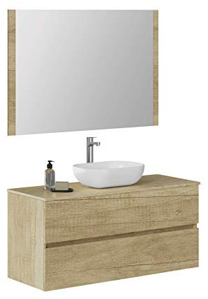 Baikal Mueble de Baño Onyx. Mueble MONTADO, Mueble 2 cajones. Mueble Baño con Lavabo. Mueble Suspendido. Armario de Pared. Lavabo Cerámico. Incluye Espejo. 120cm Nature.