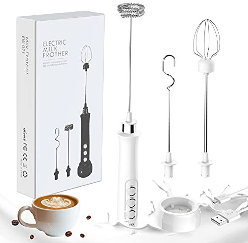 GeeRic Espumador de Leche electrico,máquina de espuma eléctrica portátil, batidora de bebidas 3 en 1, estación de carga USB con 3 batidores de acero inoxidable para café, leche y cocción negra