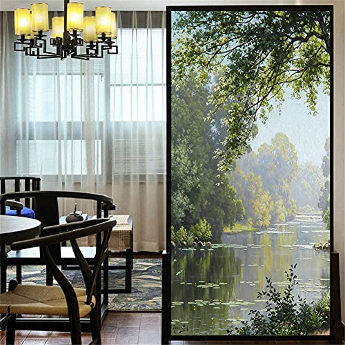 LXDWEI Dekorative Fensterfolie Sichtschutz Wald Creek Landschaft Ölgemälde statische Haftung Fensteraufkleber kein Kleber Milchglasverkleidungen Fenstertönung 60x100 cm