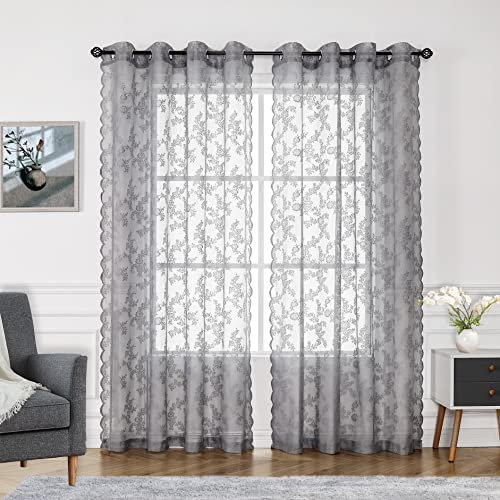 Tende in pizzo grigio per camera da letto dei bambini, 130 x 137 cm, in voile trasparente, con ricami floreali francesi, resistenti, in tessuto di pizzo rosa, per soggiorno, vacanze natalizie, 2 pezzi