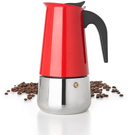 Mixpresso 9 Cup Greca Stovetop Espresso Maker 450ml/15oz, Moka Pot with Coffee Percolator Design, Red Stainless Steel Stove Top Coffee Maker for Camping or Home Use, Italian Coffee Maker Stovetop