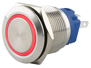 SeKi Edelstahl Drucktaster Ø16mm tastend flacher Kopfform farbig beleuchtetem LED Ring in rot Lötösen / Flachstecker 0,5x2,8 Anschluss; Klingeltaster