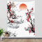 LB Wandteppich Schwarz-Weiß-Japaner Wandtuch Rote Kirschblüte unter Sonnenuntergang Wandbehang Berg Tapisserie für Wohnzimmer Schlafzimmer Wohnheim Wanddeko,150x200cm