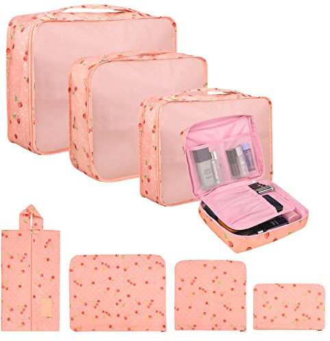 Coolzon Packing Cubes Koffer Organizer, 8 Stück Kofferorganizer Packtaschen Packwürfel mit Schuhbeutel Wäschebeutel Reiseorganizer Kleidertaschen für Rucksack (Rosa)