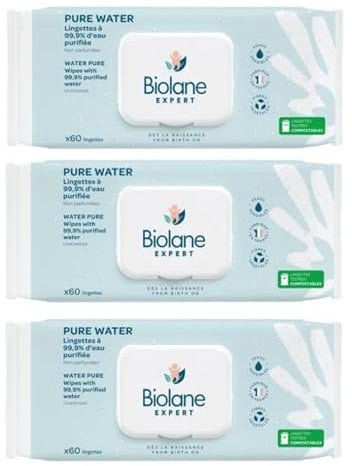 Biolane Expert Lingettes Pure Water Lot de 3 x 60 Lingettes