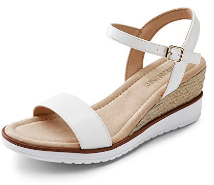 DREAM PAIRS Sandalia de Vestir Cómodo para Mujer con Tacón Cuña Zapatos de Tacón Clásicos de Punta Redonda con Hebillas y Tiras Verano Blanco SDPW2342W-E Talla 39 (EUR)