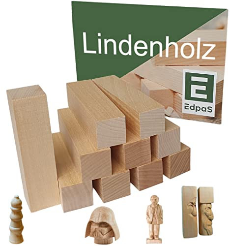 Edpas Blocchi per intaglio in legno di tiglio – 10 pezzi di blocchi di legno + modello per intaglio – Blocchi pratici per tornire e intagliare Intaglio del legno per bambini