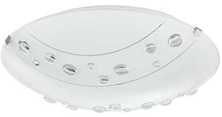 Happy Homewares Contemporary Circular Opal White Glass Flush Ceiling Light Fitting with Clear Crystal Buttons | 2 x 40w E27 | 8cm x 30cm | Class 1 IP20 Rated