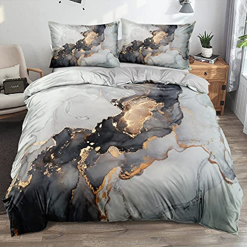 DXHOME 3D Bettwäsche 135x200 cm Mädchen Gold Schwarz Grau Marmor Muster Modern Microfaser Wendebettwäsche Einzelbett Bettbezug mit Reißverschluss und Kissenbezug 80x80cm