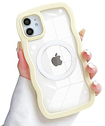 SmoBea Compatible with iPhone 11 Case 6.1 inch with Magsafe, Cute Curly Simple Wave Design [PC Material Edge] Anti-Scratch, Anti-Shock, Slim Clear iPhone 11 Case (Yellow)