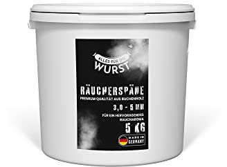 Alles für die Wurst - Räuchermehl Buche, naturbelassenes Buchenrundholz, verschiedene Körnungen erhältlich, Räuchermehl, Räucherchips, für ein perfektes Räucherergebnis (2,0-5,0 mm - 5 kg Eimer)
