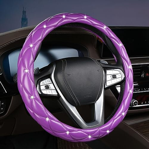 Bling Diamant Strass Auto Lenkradbezug,38CM / 15'' Leder Lenkradabdeckung Anti Rutsch Lenkradhülle Atmungsaktiv Lenkradschutz Lenkradschoner Glitzer Autozubehör für Männer Damen,Lila