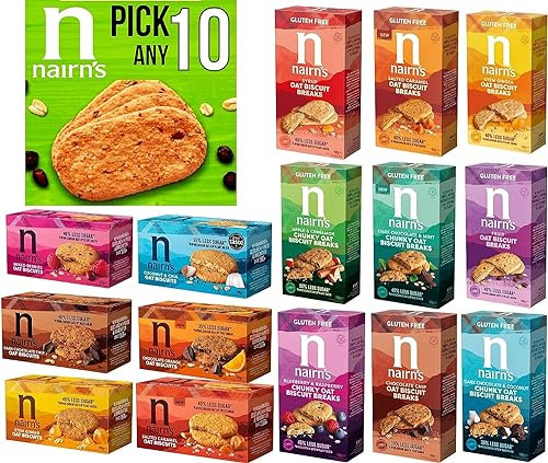 Nairn's Oat Biscuits - Pick Any 10 - Gluten-Free & Non Gluten-Free Variety Pack Biscuits - Healthy Snacks - Assorted Flavours: Chocolate Chip, Cheese, Salted Caramel & More