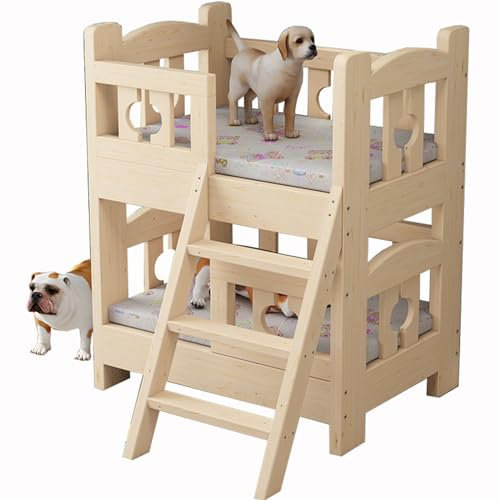 MUUNS Hunde-Etagenbett für kleine, mittelgroße und große Haustiere, Haustierbett mit doppellagigem Holzrahmen und Stufen, abnehmbar,B,80×60cm(31×24in)