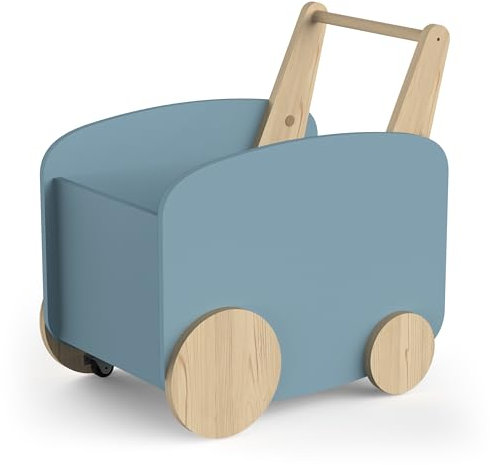habeig Spieltruhe, Spielzeugbox, Spielzeugtruhe, Spielwagen, Spielauto, MDF Holz, 55x53x35 cm, 7kg, Kinderzimmer (blau/natur)