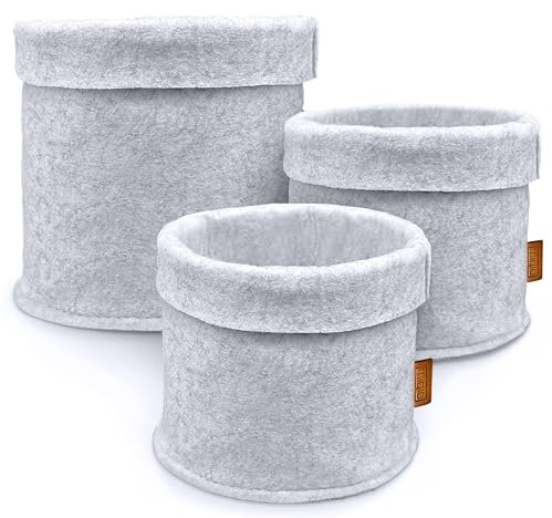 Miqio® Design Premium Filz Korb - Aufbewahrungskörbe rund - 3er-Set - Blumenübertopf - Ökotex Zertifiziert - Faltbarer Organizer für alle Räume - hellgrau
