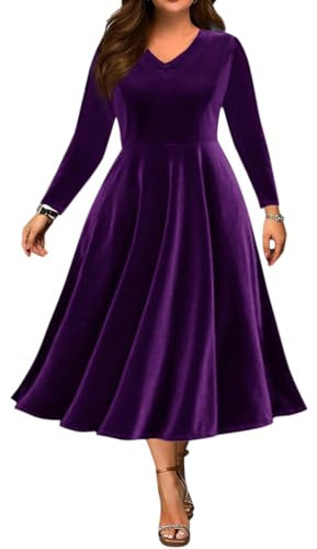 Minetom Vestiti da Donna Velluto Manica Lunga con Scollo A V Midi Abiti per Casual Cocktail Feste Autunno E Inverno Abito da Sera A Viola L