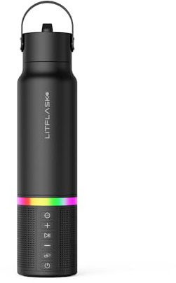 LitFlask Botella de agua inteligente, bocina Bluetooth ultra premium, carga portátil, acero inoxidable de 20 onzas