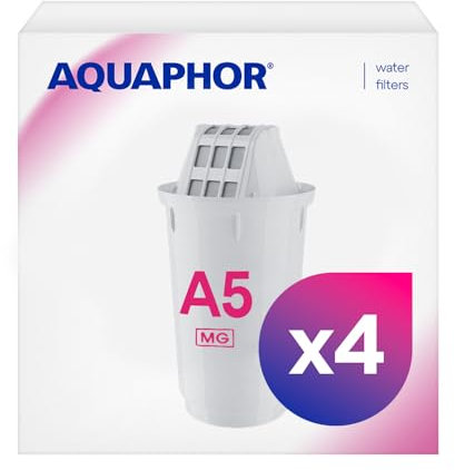 AQUAPHOR Filterkartusche A5 Pack 4 mit Magnesium I Filtert Kalk & Chlor sowie Schwermetalle & andere Stoffe I 350l klares Wasser I Mit AQUALEN Technologie I Besseres Essen & Trinken