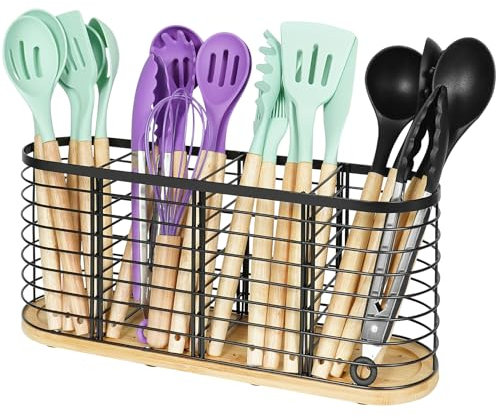 buysigo Cooking Utensils Holder with Wooden Base Matte Black 4 Compartments Kitchen Utensil Caddy