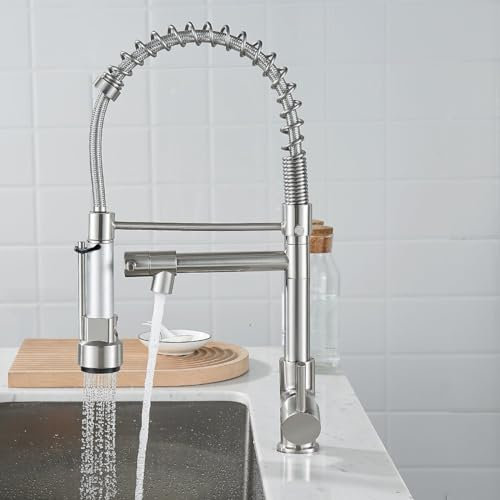 Wasserhahn Küche, Küchenarmatur Spültischarmatur mit Spiralfeder, Spültischarmaturen Einhebel Mischbatterie, 2 Wasserstrahlarten, Niederzugfeder, 360°Schwenkbar, Heiß- und Kaltschalter (Silber)