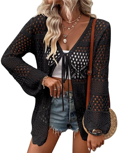 Gilet au Crochet pour Femmes, léger Cravate Creuse sur Le Devant, Manches Longues, Cardigan de Couverture en Tricot d'été