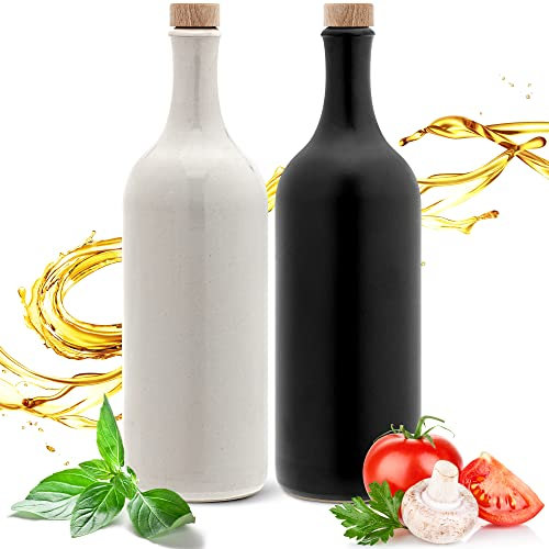 Essig & Öl Steinzeug - Flasche mit Ausgießer, 2er Geschenkeset für Feinschmecker Handgefertigt und Einzigartig im Design Made in Germany Authentisch chic und zeitlos (2x 750ml. schwarz/ weiß)