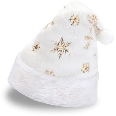 BSITSSS Weiß Weihnachtsmütze für Erwachsene, Gold Pailletten Weihnachtsmützen Erwachsene, Pelzige Weihnachten Mütze, Weihnachtsmütze Erwachsene für Damen Herren, Warm and Dicker Weihnachts Mütze