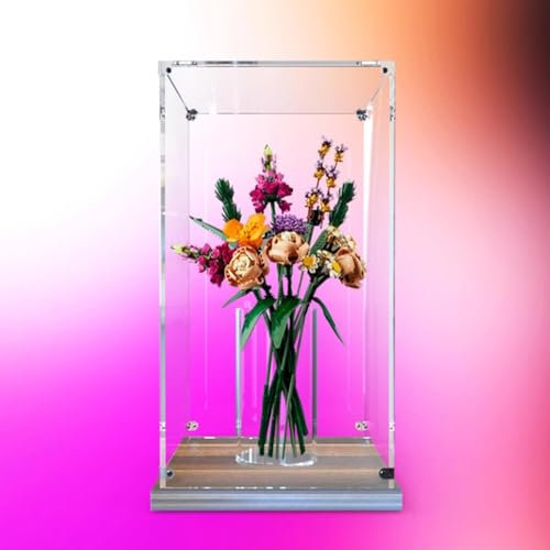 Boîte de présentation en acrylique transparent pour modèle Lego 10280 Roses Boîte de rangement anti-poussière (modèle non inclus) (base en noyer)